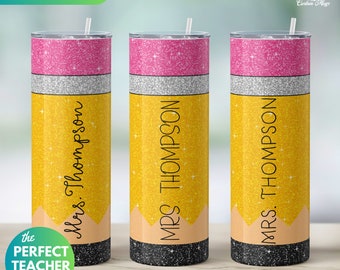 Custom Teacher Glitter Pencil Tumbler, Personalized Name Teacher Gift, Teacher Appreciation Travel Mug, Glitter Pencil Skinny Cup with straw