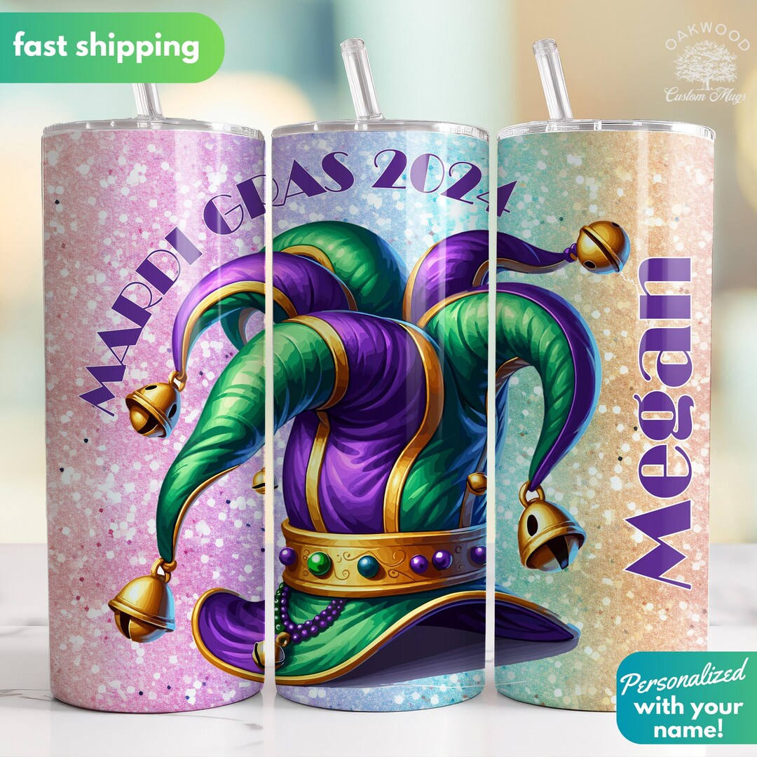 Personalized Mardi Gras Tumbler With Lid and Straw, Jester Hat Mardi ...
