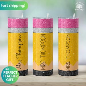 Custom Teacher Glitter Pencil Tumbler, Personalized Name Teacher Gift, Teacher Appreciation Travel Mug, Glitter Pencil Skinny Cup with straw