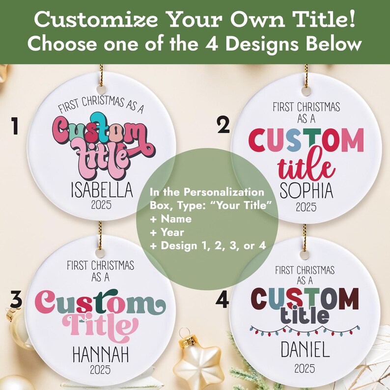 a collection of four Christmas ornaments with personalized titles, each featuring a different name and year.