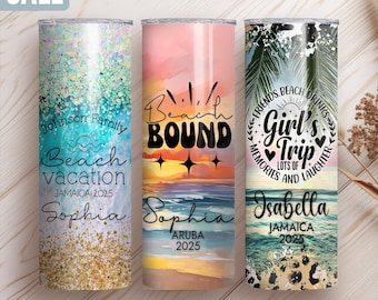 Personalized Beach Vacation Name Tumbler Cup, Custom Girls Trip Skinny Cup, Custom Family Vacation Tumblers with Lid, Personalized Cruise