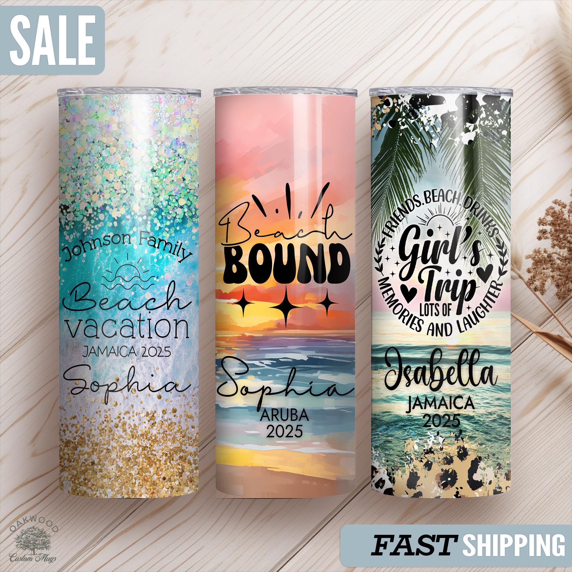 Personalized Beach Vacation Name Tumbler Cup, Custom Girls Trip Skinny Cup, Custom Family Vacation Tumblers with Lid, Personalized Cruise