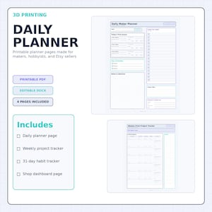 May include: A digital daily planner for 3D printing, featuring printable PDF and editable DOCX formats. The planner includes a daily planner page, weekly project tracker, 31-day habit tracker, and shop dashboard page. The design is in shades of blue and white.