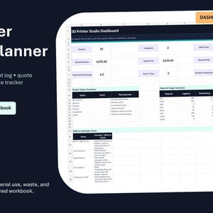 May include: A digital 3D Printer Studio Planner workbook with a dark blue background. The planner includes sections for filament inventory, print logs, and maintenance tracking. The text "3D Printer Studio Planner" is displayed prominently.