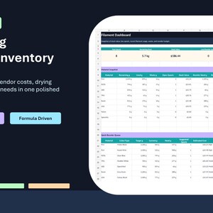 May include: A digital spreadsheet titled "3D Printing Filament Inventory" with data tables and charts. The spreadsheet tracks spools, usage, vendor costs, drying sessions, and reorder needs. Buttons read "Blank + Example Files", "Formula Driven", and "Maker Shop Ready".