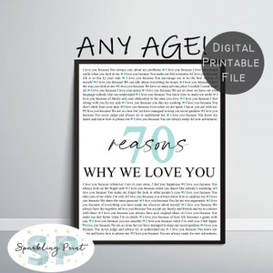 May include: A printable poster with a blue and teal design. The poster features the text "70 reasons why we love you".