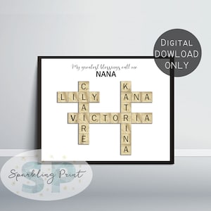 Crucigrama personalizado Regalo del día de la madre, Impresión personalizada de Nana Scrabble, Arte de pared de rompecabezas, Signo de apellido, Regalo de cumpleaños para abuela abuelo