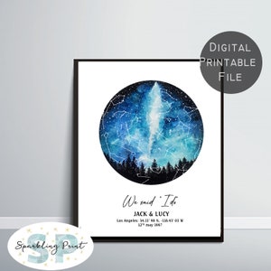 Impression personnalisée de carte des étoiles, ciel étoilé personnalisé, art mural constellation par date, cadeau d'anniversaire, cadeau de mariage où nous nous sommes rencontrés, cadeau de la Saint-Valentin