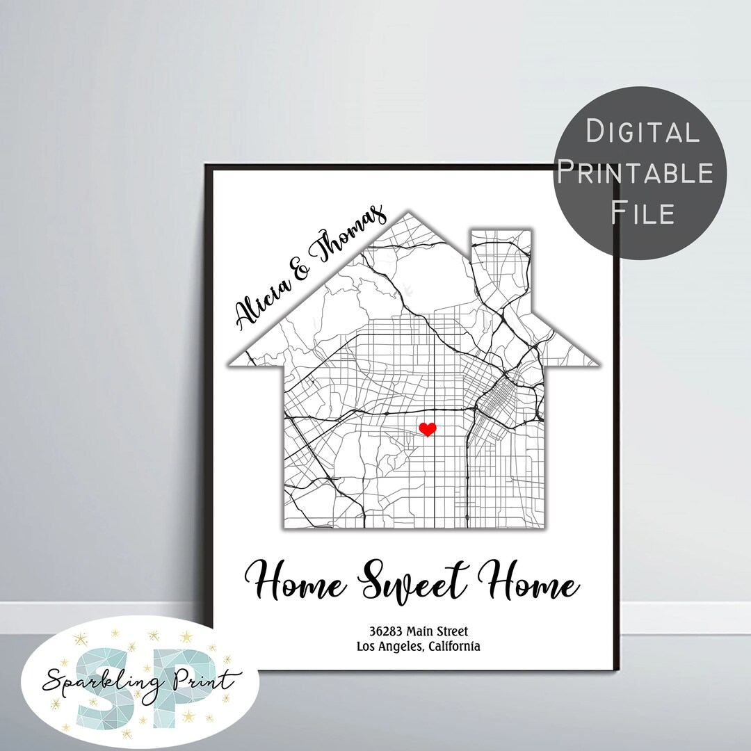 First New Home Gift for Couple, Custom House Shaped Map, City Map Print ...
