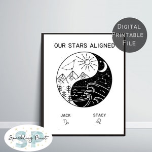 Impresión personalizada de pareja del zodíaco, signo del zodiaco de constelación personalizado, regalo de boda, arte del sol y la luna del Yin y el Yang, regalo de aniversario, regalo de esposa
