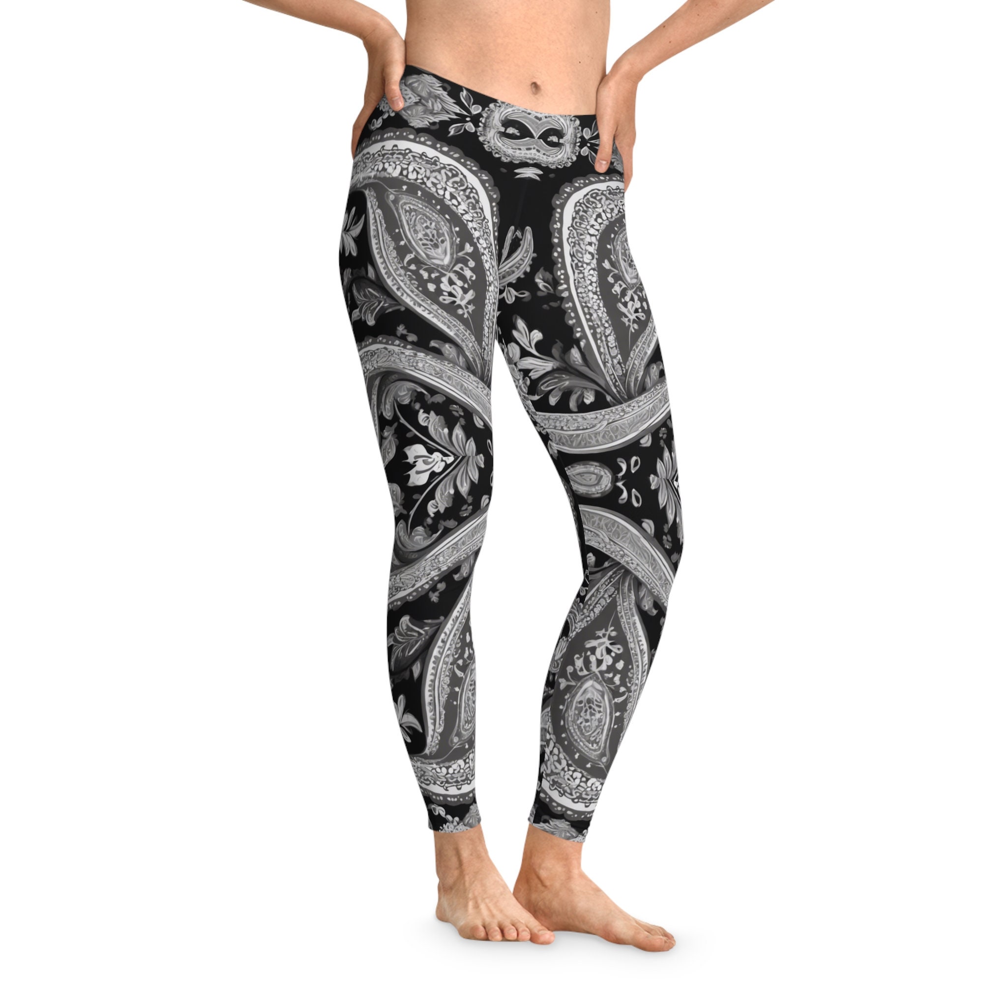 Women's White Black Paisley Bandana High-waisted Yoga Leggings