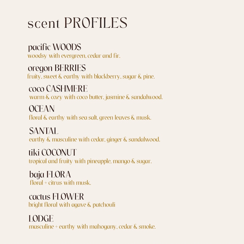 May include: A cream-colored graphic lists scent profiles, including Pacific Woods, Oregon Berries, Coco Cashmere, Ocean, Santal, Tiki Coconut, Baja Flora, Cactus Flower, and Lodge. Each scent is described with its key notes.
