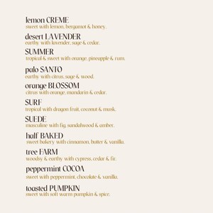 May include: A beige background displays a list of fragrance descriptions. The text includes scents like "lemon CREME," "desert LAVENDER," "SUMMER," and "palo SANTO." Each scent is described with its key notes, such as citrus, wood, and spices.