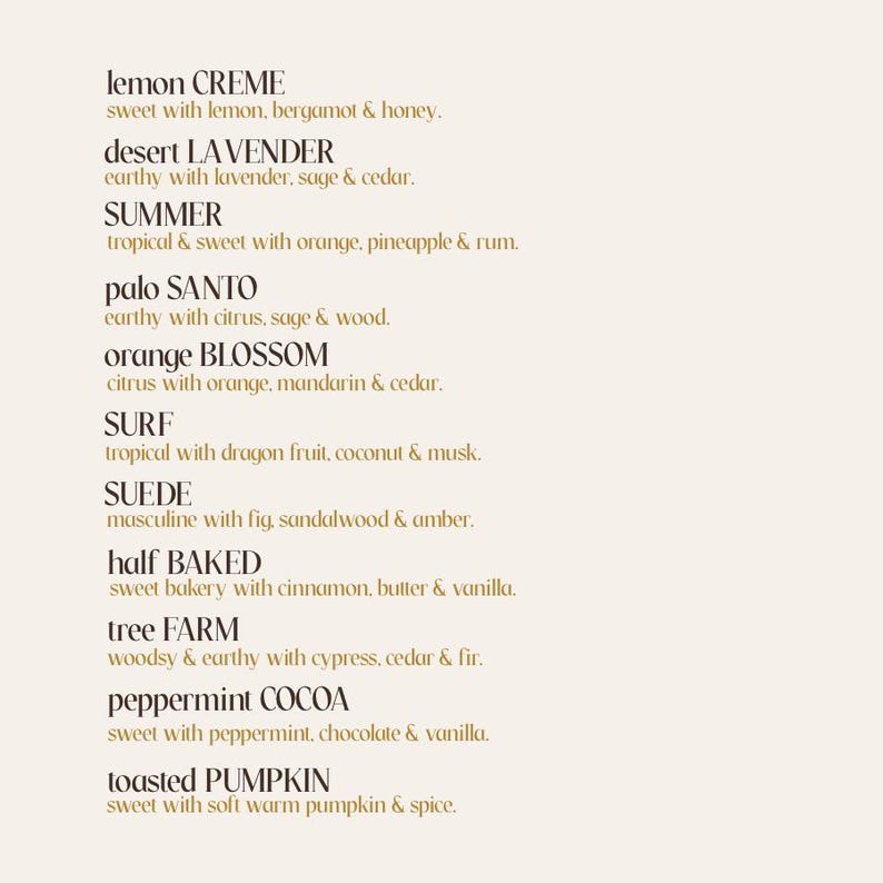 May include: A beige background displays a list of fragrance descriptions. The text includes scents like "lemon CREME," "desert LAVENDER," "SUMMER," and "palo SANTO." Each scent is described with its key notes, such as citrus, wood, and spices.