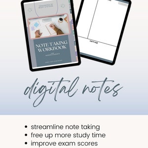 May include: A digital note-taking workbook for nursing students. The workbook is organized by body systems and includes a Cornell note-taking method. The image also shows a digital template for taking notes with sections for questions, notes, and a summary.
