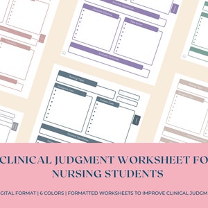 以下が含まれることがあります： 看護学生が臨床的判断スキルを練習するための、印刷可能なワークシート6枚。ワークシートは異なる色で、キューの認識、キューの分析、仮説の促進、ソリューションの生成、行動の実施、結果の評価のセクションがあります。