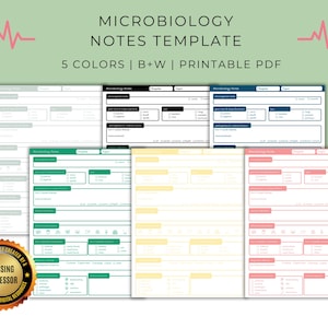 Könnte beinhalten: Eine digitale Vorlage für Mikrobiologie-Notizen mit einem übersichtlichen Layout für Kapitel und Themen. Das Design umfasst fünf Farboptionen, B&W, und ist als druckbares PDF verfügbar. Der Text "MICROBIOLOGY NOTES TEMPLATE" steht oben.