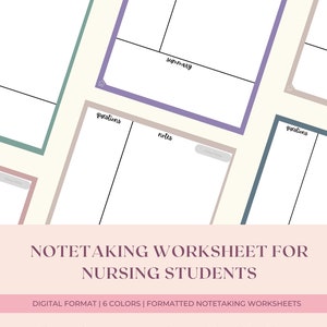 May include: Four different coloured note-taking worksheets for nursing students. Each worksheet is divided into sections labelled "questions", "notes", and "summary". The text "NOTETAKING WORKSHEET FOR NURSING STUDENTS" is displayed at the bottom of the image. The text "DIGITAL FORMAT | 6 COLORS | FORMATTED NOTETAKING WORKSHEETS" is displayed at the bottom of the image.