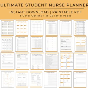 May include: A printable student nurse planner with 35 pages, including a monthly planner, study tracker, exam tracker, assignment tracker, daily planner, weekly checklist, essay planner, clinical schedule, skills checklist, drug sheet, to-do list, budget planner, amp notes, vision board, goal setter, self-care checklist, Cornell notes, meal planner, outline notes, and sleep tracker.