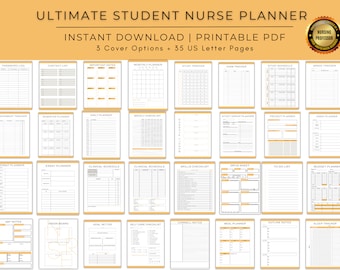 May include: A printable student nurse planner with 35 pages, including a monthly planner, study tracker, exam tracker, assignment tracker, daily planner, weekly checklist, essay planner, clinical schedule, skills checklist, drug sheet, to-do list, budget planner, amp notes, vision board, goal setter, self-care checklist, Cornell notes, meal planner, outline notes, and sleep tracker.