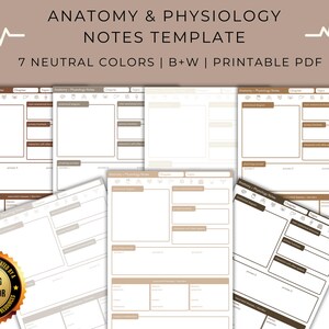 Könnte beinhalten: Druckbare Anatomie- und Physiologie-Notizvorlage mit 7 neutralen Farben und einer Schwarzweiß-Option. Die Vorlage enthält Abschnitte für Kapitel, Thema und Notizen. Die Vorlage ist für Studenten und Fachleute im medizinischen Bereich konzipiert.