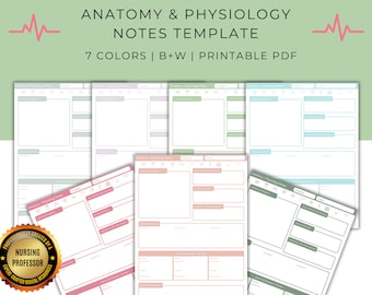 Puede incluir: Plantilla de notas de anatomía y fisiología en varios colores. El diseño incluye una línea de ECG rosa y el texto "7 COLORES | B+N | PDF IMPRIMIBLE". Creado por un profesor de enfermería.