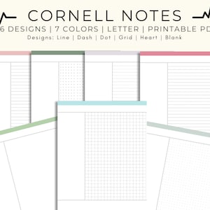 May include: Six printable Cornell note templates in letter size, featuring different line styles: line, dash, dot, grid, heart, and blank. The templates are available in seven colors.