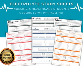 Electrolyte Study Worksheets | Nursing Students Electrolytes Guide | NCLEX Prep Sheet | PDF Instant Printable Download
