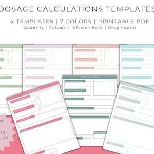 Dosage Calculation Nursing Templates | Nursing Math Worksheets | Printable Instant Download | Quantity + Volume | IV Infusion + Drop Factor