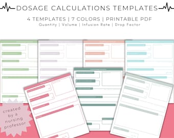 Dosage Calculation Nursing Templates | Nursing Math Worksheets | Printable Instant Download | Quantity + Volume | IV Infusion + Drop Factor