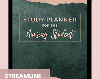 May include: A digital tablet screen displaying a study planner for nursing students. The background is a green and brown watercolor design with the text "STUDY PLANNER FOR THE Nursing Student" in a gold frame. The text "STREAMLINE NOTES MAXIMIZE TIME PROF.NOTES" is on the left side of the screen and the text "ACADEMIC YEAR" is on the right side of the screen.