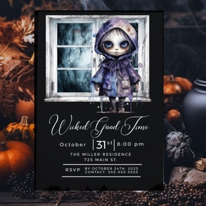 Dollhouse Halloween Printable Invitation | Creepy Doll Invite | Spooky Black Invite | Customize in Templatt | Wicked Good Time | 11HAL