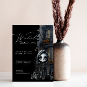 Dollhouse Halloween Printable Invitation | Creepy Doll Invite | Spooky Black Invite | Customize in Templatt | Wicked Good Time | 11HAL