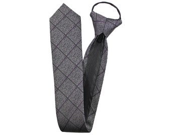 Gray Plaid Zipper Necktie - Gray n Purple Pre-tied Zip up Necktie - Father&#39;s Day Gift