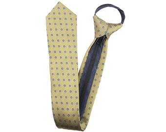 Yellow Zipper Necktie with Navy Blue Polka Dot-Eyelet Pattern | Handmade Formal Tie for Effortless Elegance - Father&#39;s Day Gift