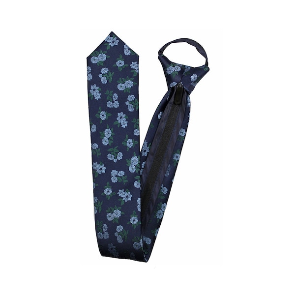 Blue Floral Zipper Necktie - Blue Floral Pre-tied Zip up Necktie