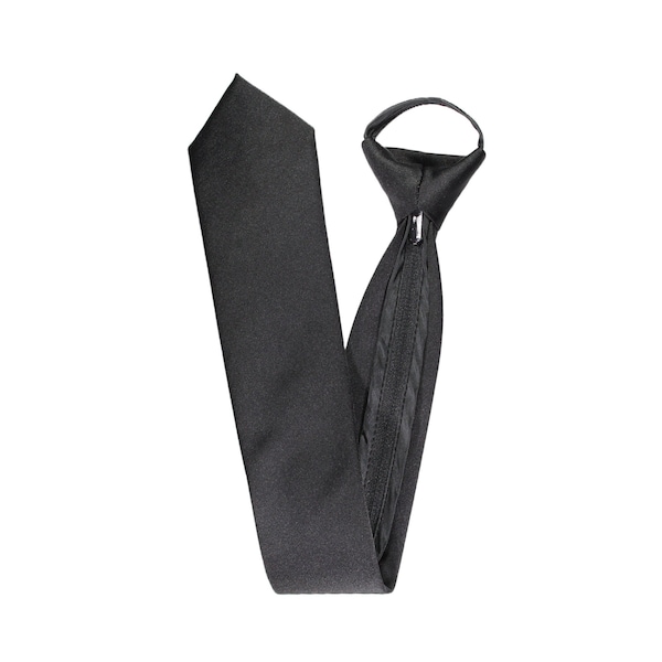 Black Satin Plain Zipper Necktie - Convenient and Elegant | Adjustable Design | Luxurious Satin Microfiber | Formal and Everyday Wear