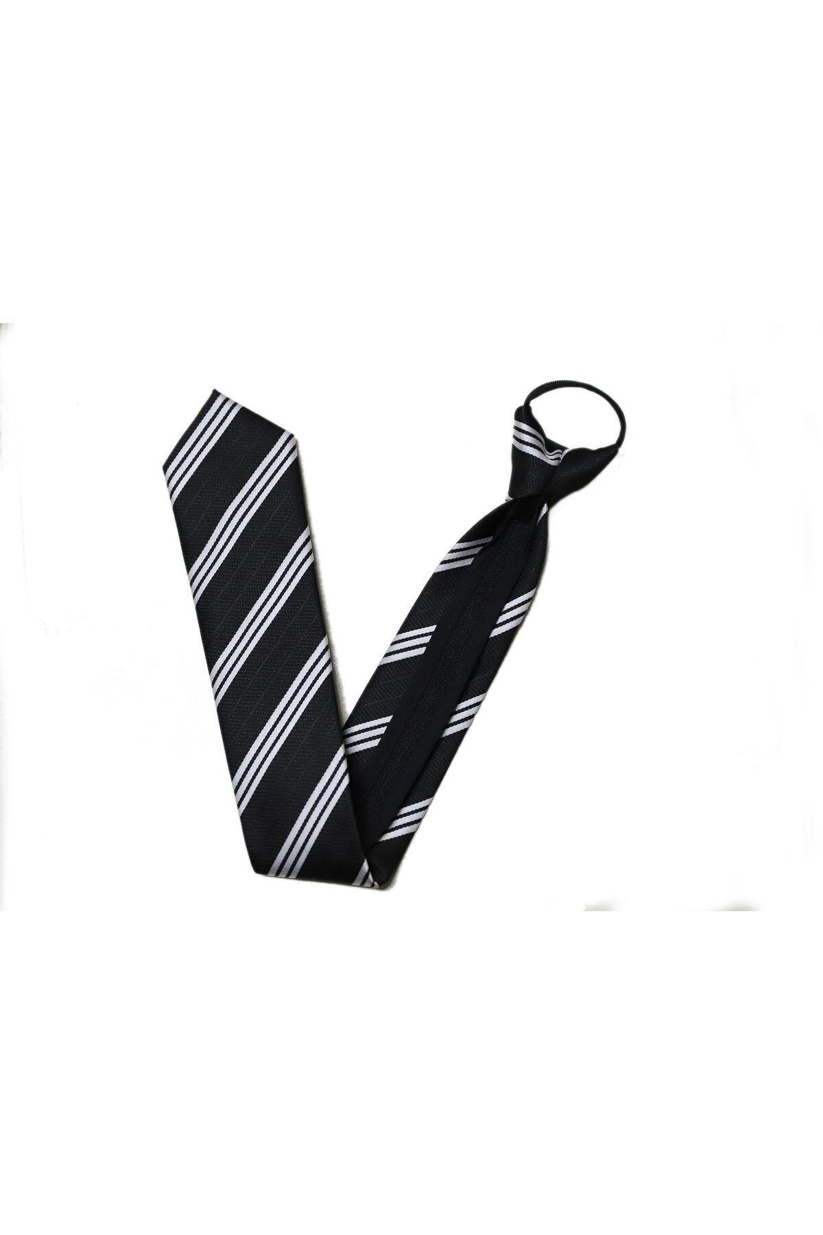 Black Zipper Tie for Men – Pre-Tied Easy Wear Necktie – Black Tie with White Stripes - Father's Day Gift