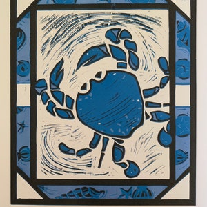 Blue Crab Linocut Block Print (Fine Artist Print)