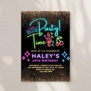 Neon Party Invitation Template, Special Event Invitation, 16th Birthday Invite, Digital You&#39;re Invited, Invitation Canva, Rainbow Invite.