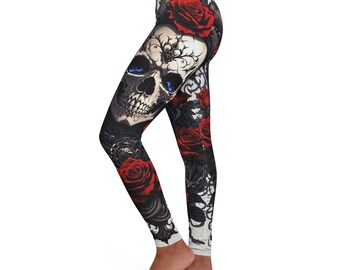 Women's Casual Spandex Leggings Gothic Skulls And Roses Leggings