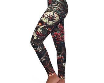 Women's Casual Spandex Leggings Gothic Skulls And Roses Leggings