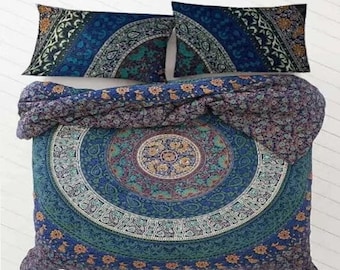 Handmade Indian Cotton Queen Duvet Cover Set: Mandala Bohemian Bedding