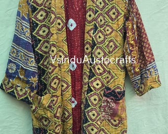 Vintage Kantha Quilted Kimono Robe: Handmade Patchwork Cotton Loungewear