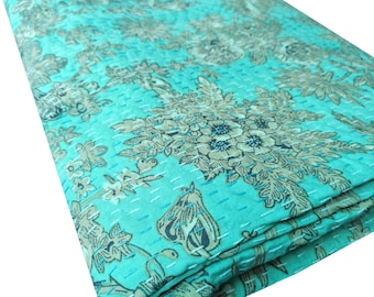 Floral Print Kantha Quilt: Handmade Indian Cotton Bedspread (108'' x 90'')