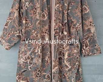 Floral Print Velvet Kimono Robe: Cotton Velvet Jacket
