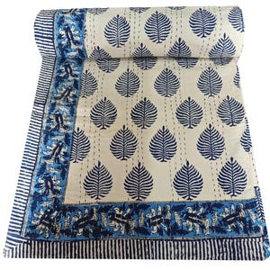 Floral Kantha Quilt: Handmade Indian Cotton Bedspread, Queen Size