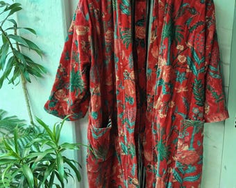 Floral Print Cotton Velvet Kimono Robe, Indian Jacket