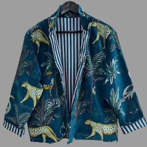 Vintage Jungle Print Coat, Bohemian Luxe Outerwear, Artisan Velvet Wildlife Pattern Jacket