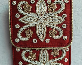 Handmade Indian Silk Phone Purse: Beaded Floral Case with Clip